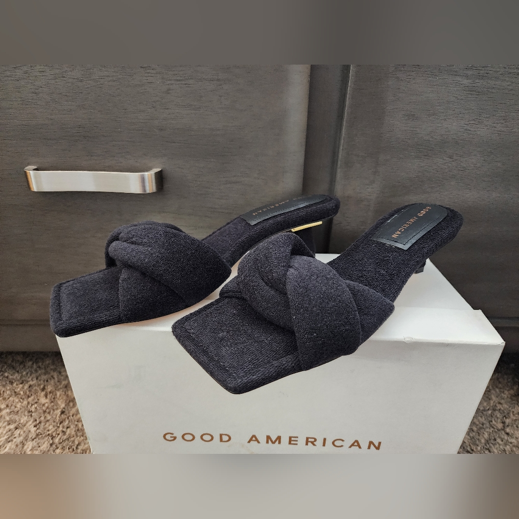 Good American Black Knotted Slide Mules